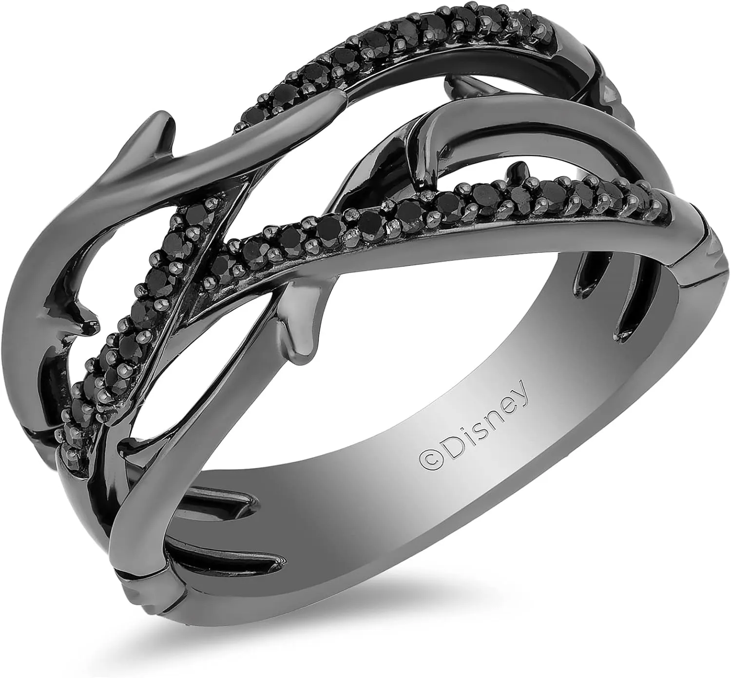 Jewelili Enchanted Disney Fine Jewelry Sterling Silver with Black Rhodium 1/5cttw Maleficent Creeper Ring.