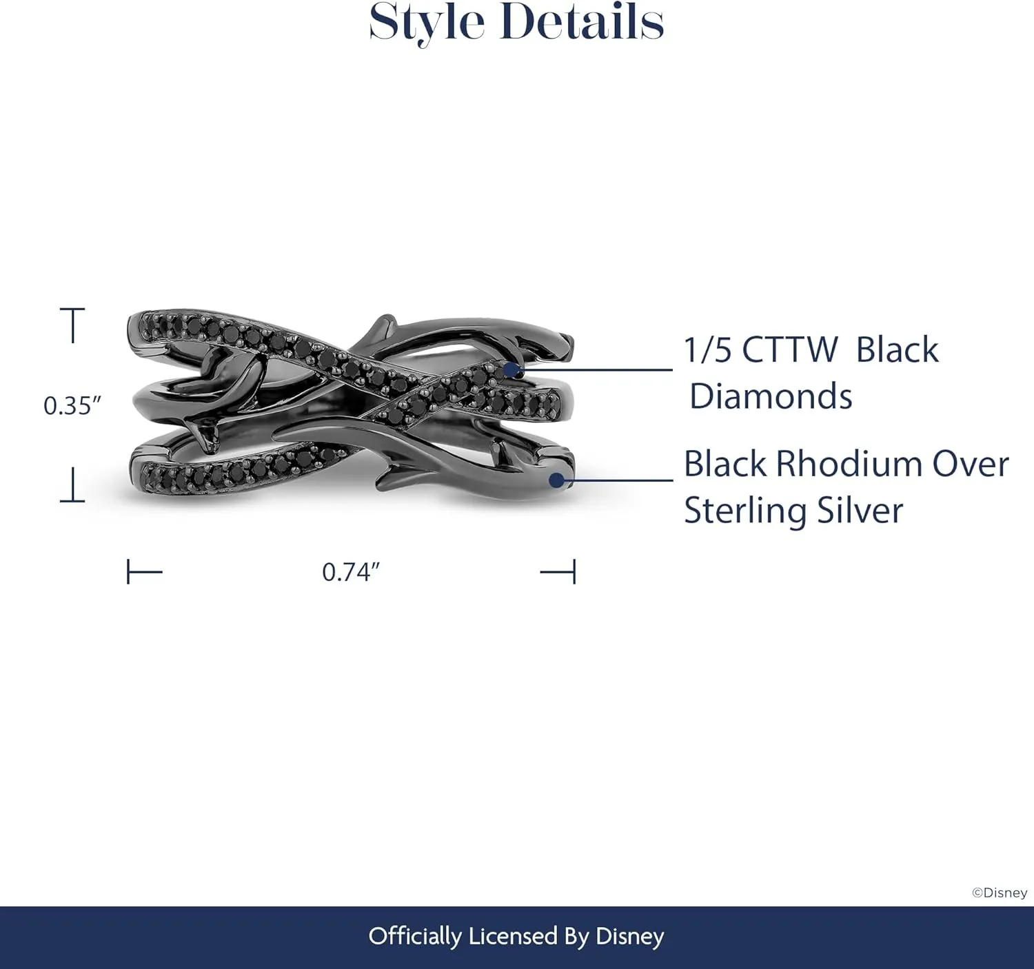 Jewelili Enchanted Disney Fine Jewelry Sterling Silver with Black Rhodium 1/5cttw Maleficent Creeper Ring.