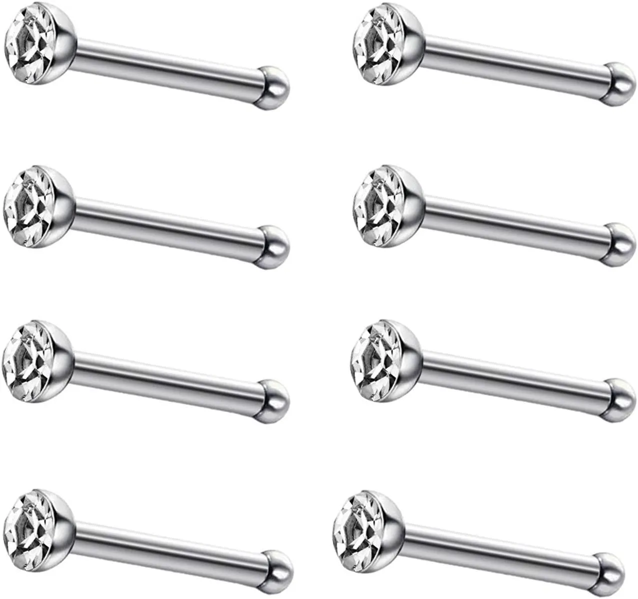 JEWELRIESHOP 40pcs Nose Studs Stainless Steel CZ Nose Rings Pins Piercing Jewelry Bone Studs for Women Men Hypoallergenic 22G
