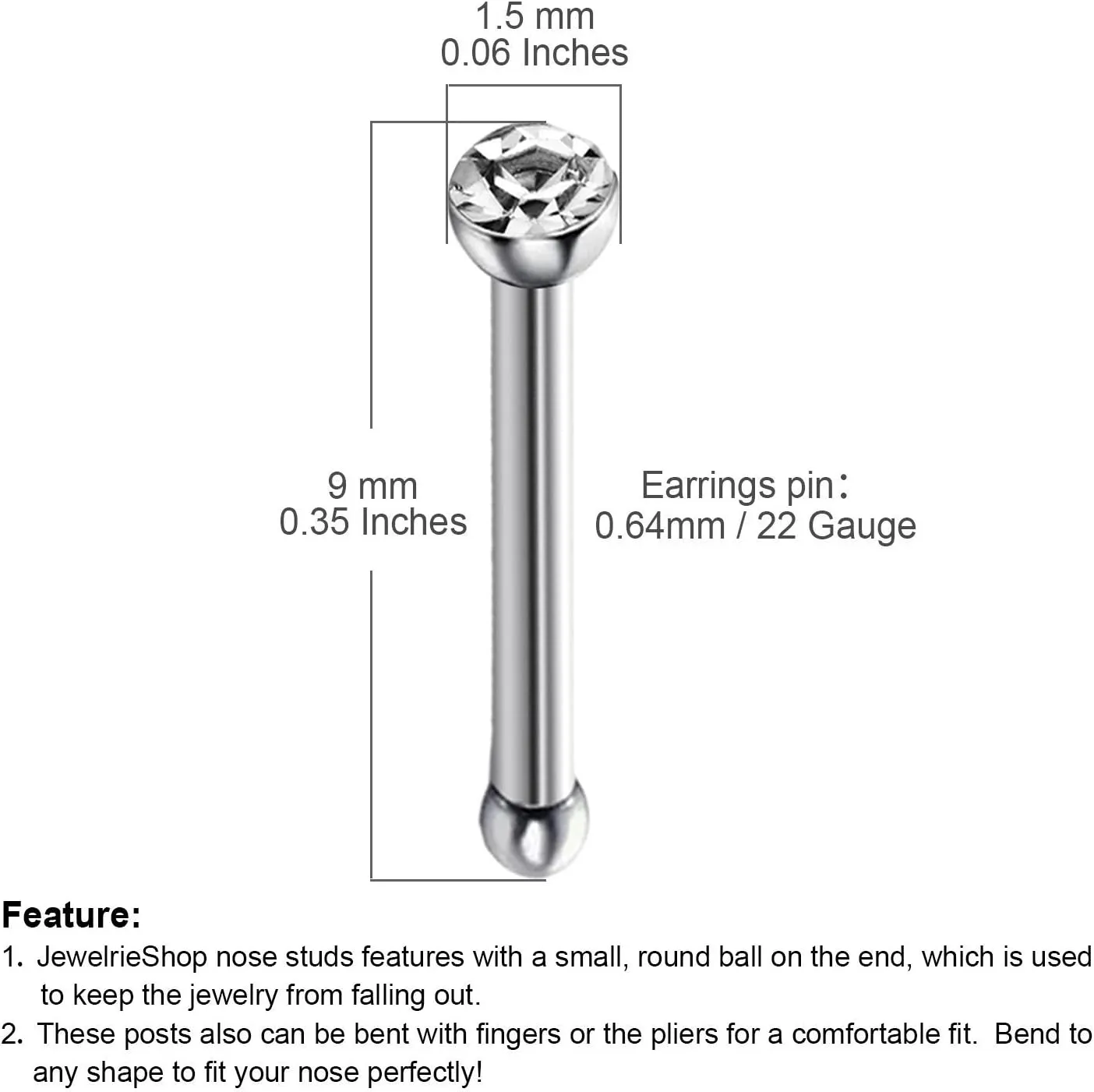 JEWELRIESHOP 40pcs Nose Studs Stainless Steel CZ Nose Rings Pins Piercing Jewelry Bone Studs for Women Men Hypoallergenic 22G