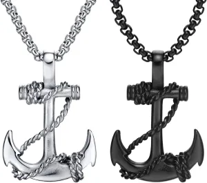JKJF 2 Pcs Anchor Necklace Vintage Navy Nautical Pirate Chain Necklace Cool Stainless Steel Pendant Necklace Goth Punk Rock Hip Hop Necklace for Men - Black Silver