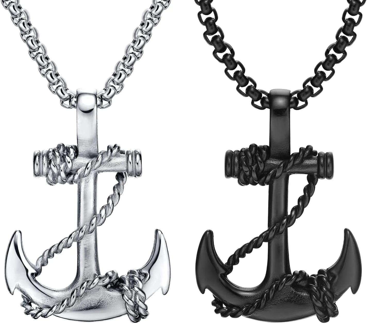 JKJF 2 Pcs Anchor Necklace Vintage Navy Nautical Pirate Chain Necklace Cool Stainless Steel Pendant Necklace Goth Punk Rock Hip Hop Necklace for Men - Black Silver