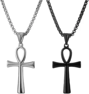 JKJF 2 Pcs Coptic Ankh Cross Pendant Necklace Ancient Egyptian Religious Cross Pendant Chain Necklace Cool Stainless Steel Pendant Necklace Goth Punk Rock Hip Hop Necklace for Men - Black Silver