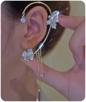 Jumwrit Rhinestone Butterfly Ear Cuffs Tassel Chain Dangle Earrings Non Piercing Flower Ear Cuffs Wrap Climber Crawler Boho Hollow Butterfly Earrings (Silver)