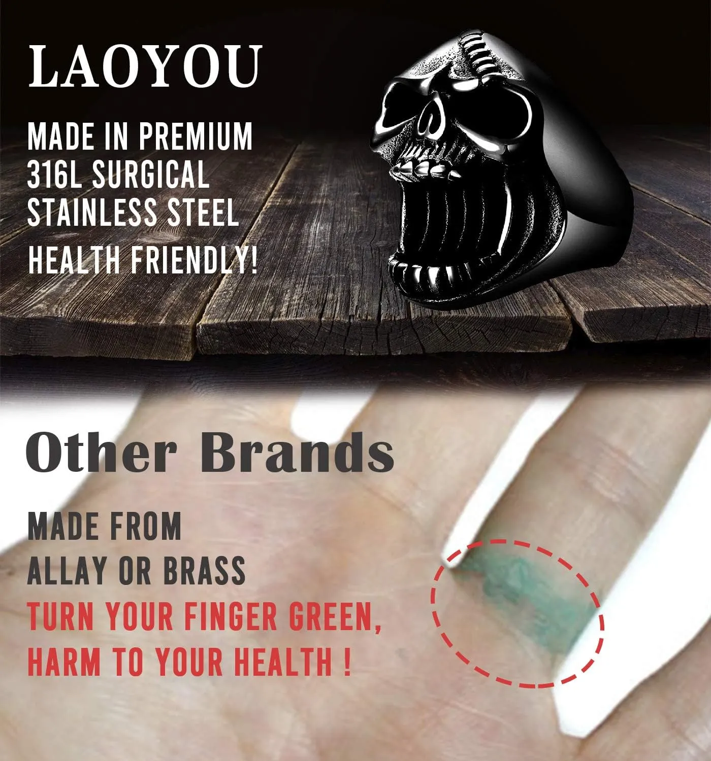 LAOYOU Black Skull Rings for Men, Mens Stainless Steel Beer Bottle Opener Skull Ring, Gothic Biker Punk Cool Jewelry