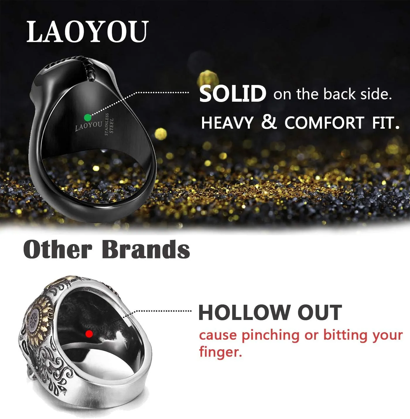 LAOYOU Black Skull Rings for Men, Mens Stainless Steel Beer Bottle Opener Skull Ring, Gothic Biker Punk Cool Jewelry
