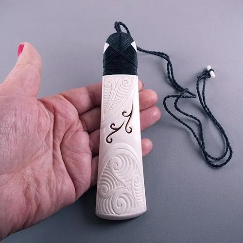 Large 15cm Maori Bone Toki Necklace with Koru Carving