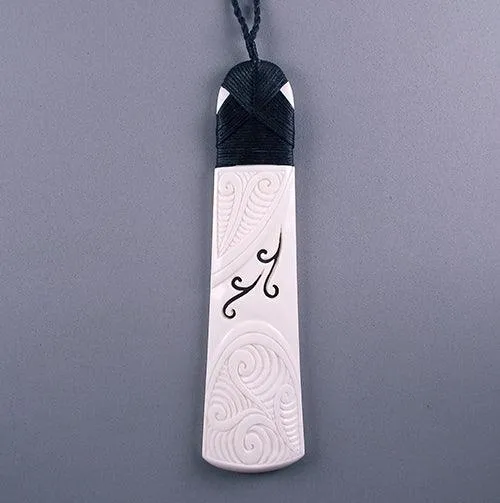 Large 15cm Maori Bone Toki Necklace with Koru Carving