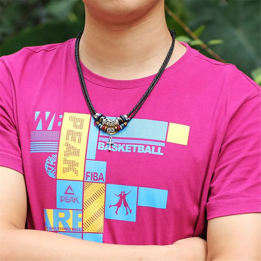 Leather Tribal Necklace for Women and Men Vintage Bohemian Style Ethnic Wood Beads Choker Braided Adjustable Double Layers Beaded Charm Cross Pendant