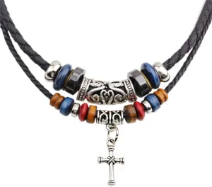 Leather Tribal Necklace for Women and Men Vintage Bohemian Style Ethnic Wood Beads Choker Braided Adjustable Double Layers Beaded Charm Cross Pendant