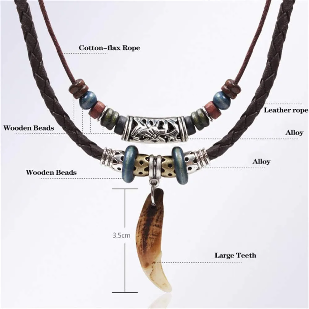 Leather Tribal Necklace for Women and Men Vintage Bohemian Style Ethnic Wood Beads Choker Braided Adjustable Double Layers Beaded Charm Cross Pendant