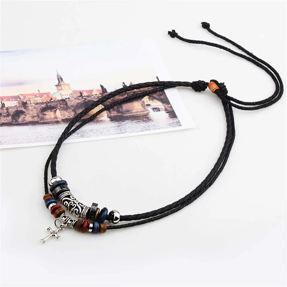Leather Tribal Necklace for Women and Men Vintage Bohemian Style Ethnic Wood Beads Choker Braided Adjustable Double Layers Beaded Charm Cross Pendant