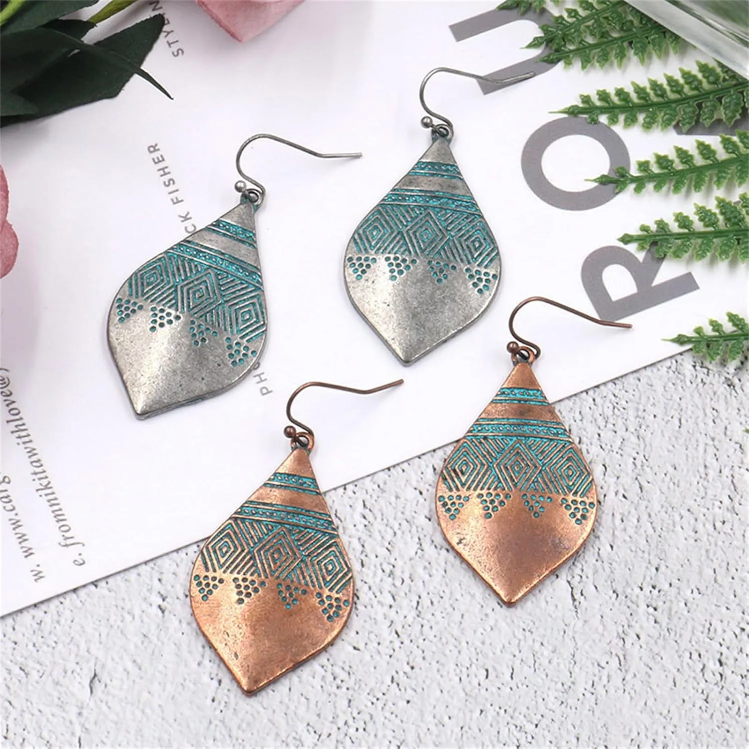 MALOYANVE Bohemian Hammered & Engraved Silver Earrings for Women Unique Handmade Vintage Boho Carved Texture Pattern Dangle Drop Teardrop Earrings Fashion Hippie Jewelry