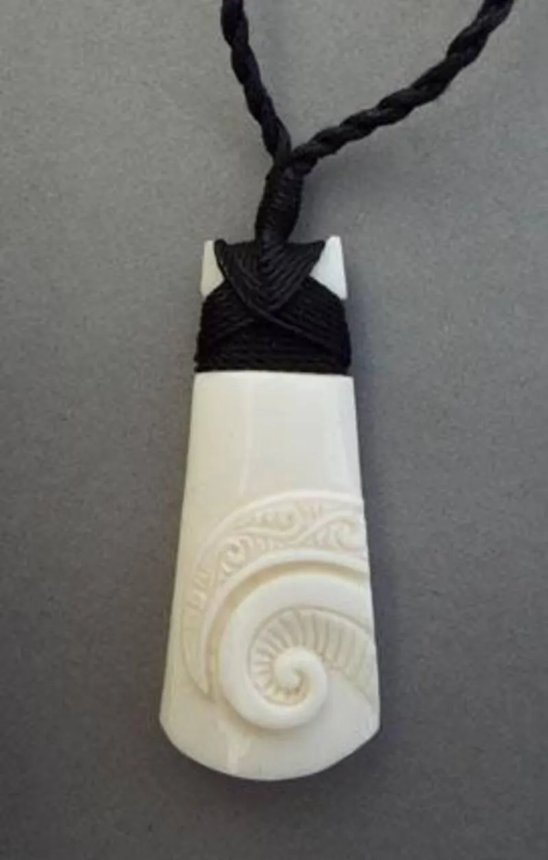 Maori Bone Toki Necklace with Curving Koru