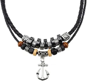 Men Black Leather Necklace Vintage Tribal Style Boho Hipppie Double Layered Black Braided Beaded Anchor Pendant Pirate Necklace