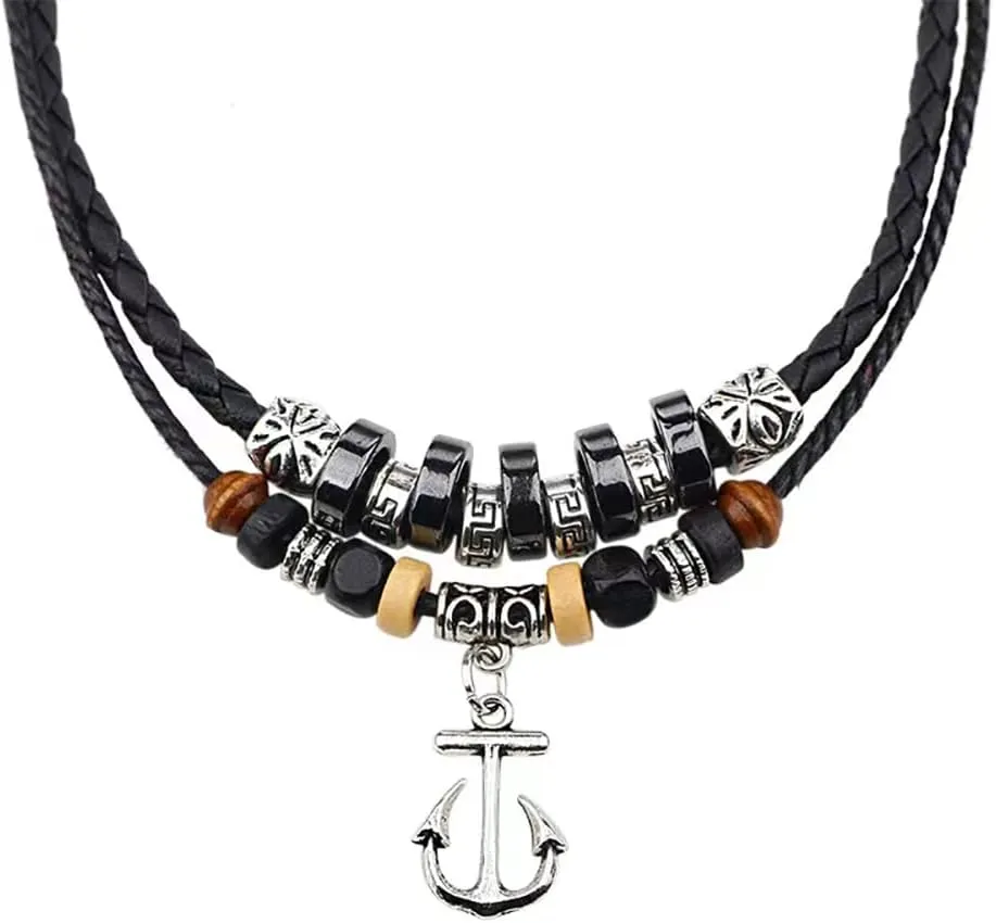 Men Black Leather Necklace Vintage Tribal Style Boho Hipppie Double Layered Black Braided Beaded Anchor Pendant Pirate Necklace