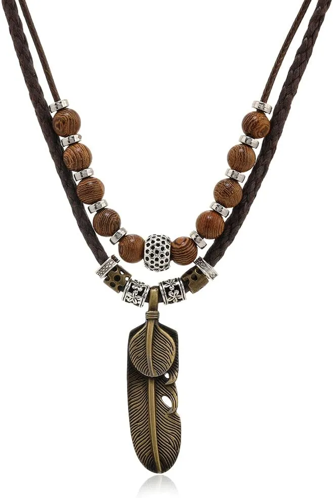 Men Leather Necklace Vintage Style Double Layers Braided Leather Tribal Necklace Boho Hipppie Beaded Artificial Feather Pendant Necklace for Daily Use