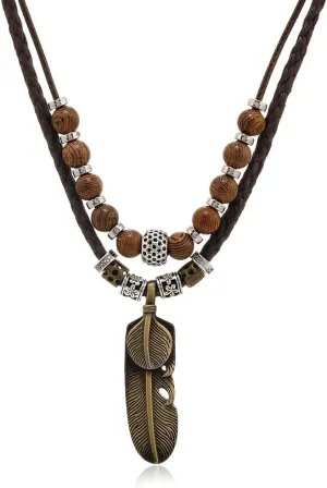 Men Leather Necklace Vintage Style Double Layers Braided Leather Tribal Necklace Boho Hipppie Beaded Artificial Feather Pendant Necklace for Daily Use