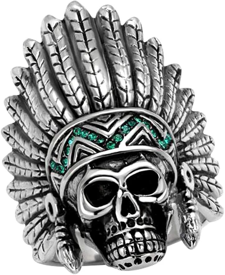 Men's Fashion Skull Native American Apache Headdress Statement Ring in Hypoallergenic Stainless Steel