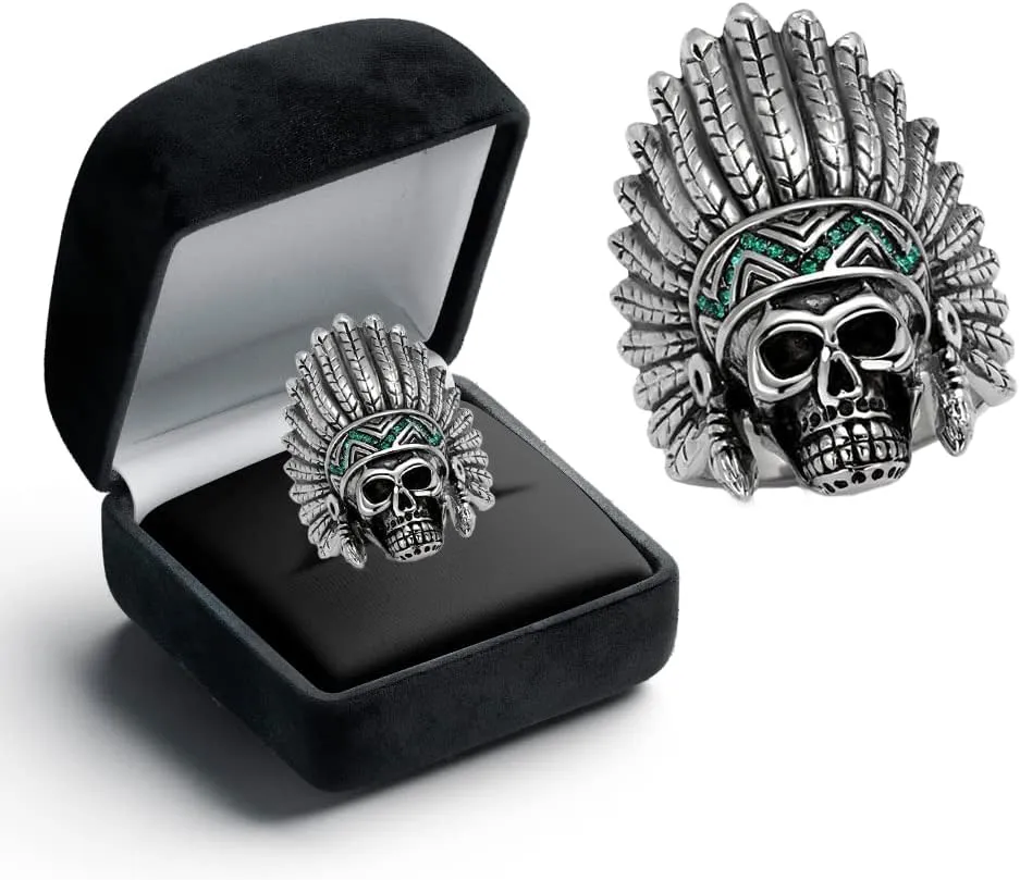 Men's Fashion Skull Native American Apache Headdress Statement Ring in Hypoallergenic Stainless Steel