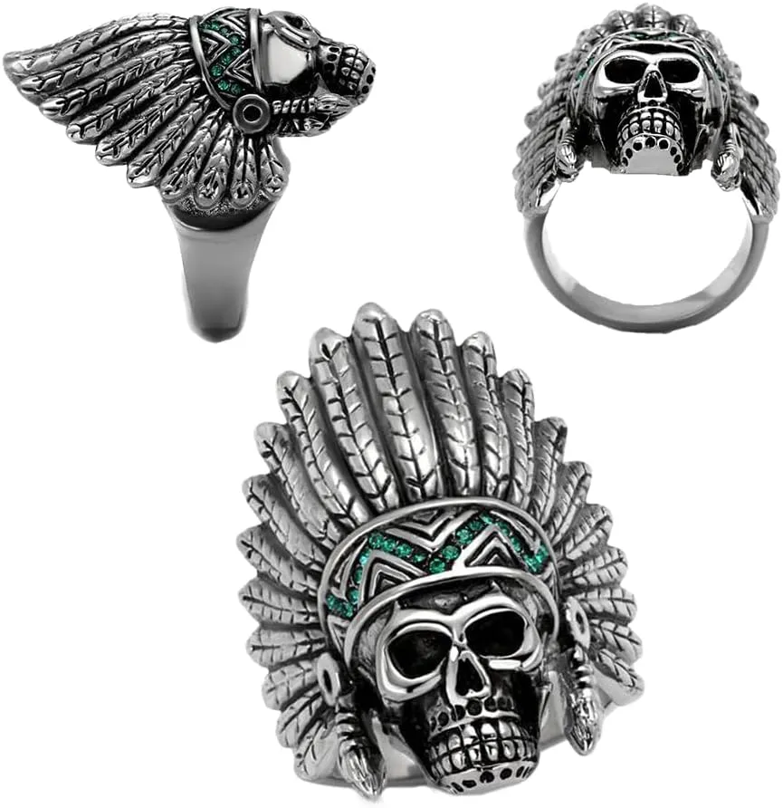 Men's Fashion Skull Native American Apache Headdress Statement Ring in Hypoallergenic Stainless Steel