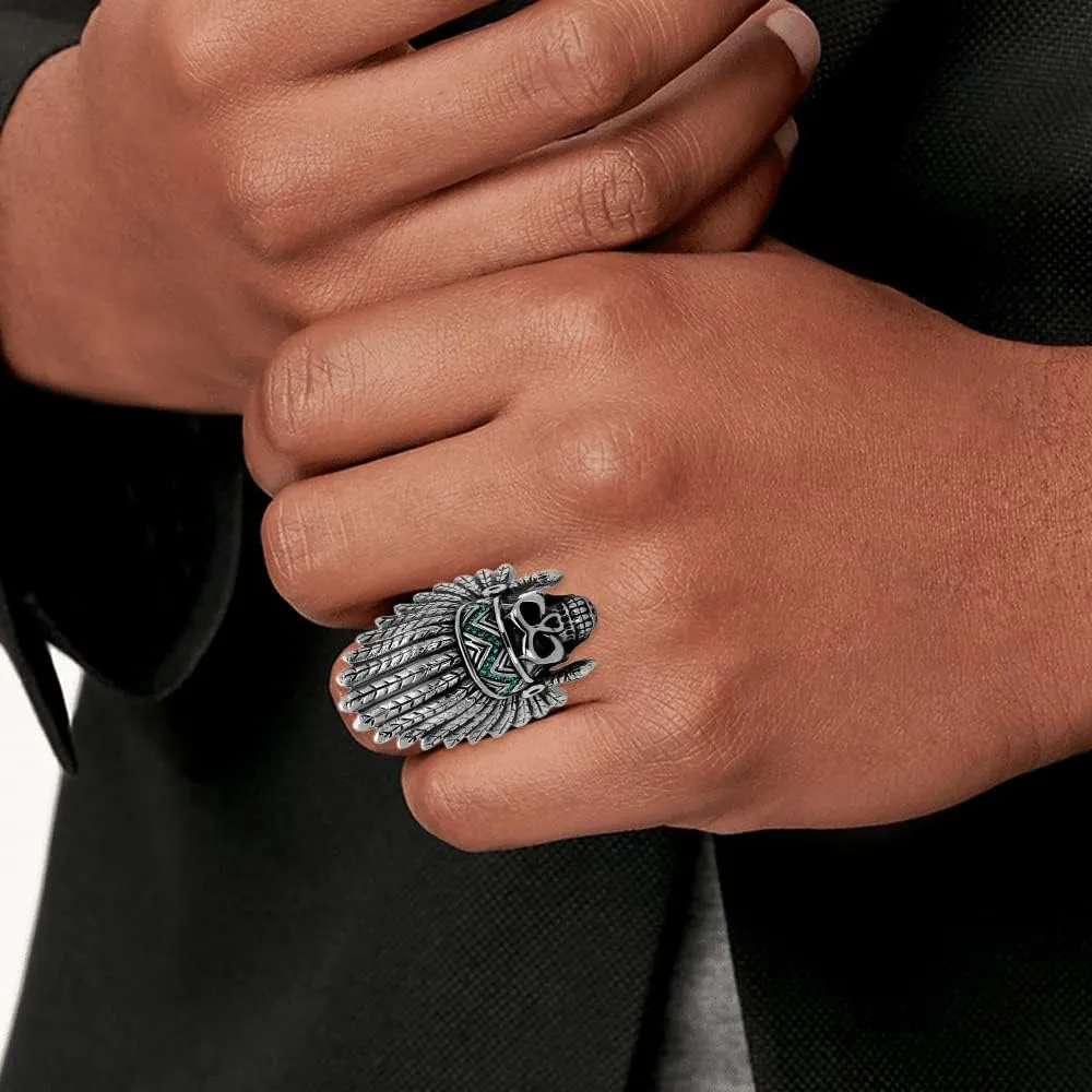 Men's Fashion Skull Native American Apache Headdress Statement Ring in Hypoallergenic Stainless Steel