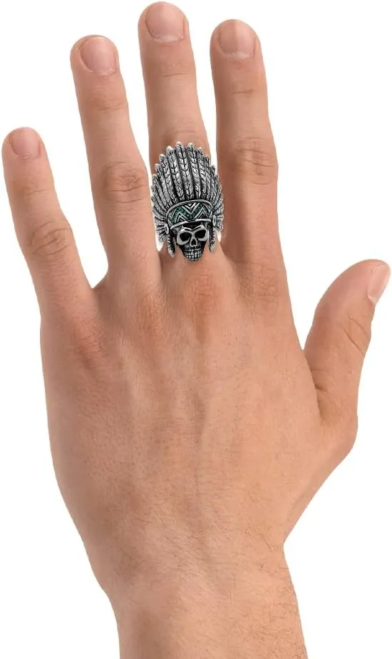 Men's Fashion Skull Native American Apache Headdress Statement Ring in Hypoallergenic Stainless Steel