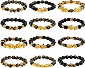NEWITIN 12 Pieces Feng Shui Bracelets for Men Lucky Bracelet Obsidian Wealth Amulet Bracelet Hand Carved Pi Xiu Bracelets for Men and Women