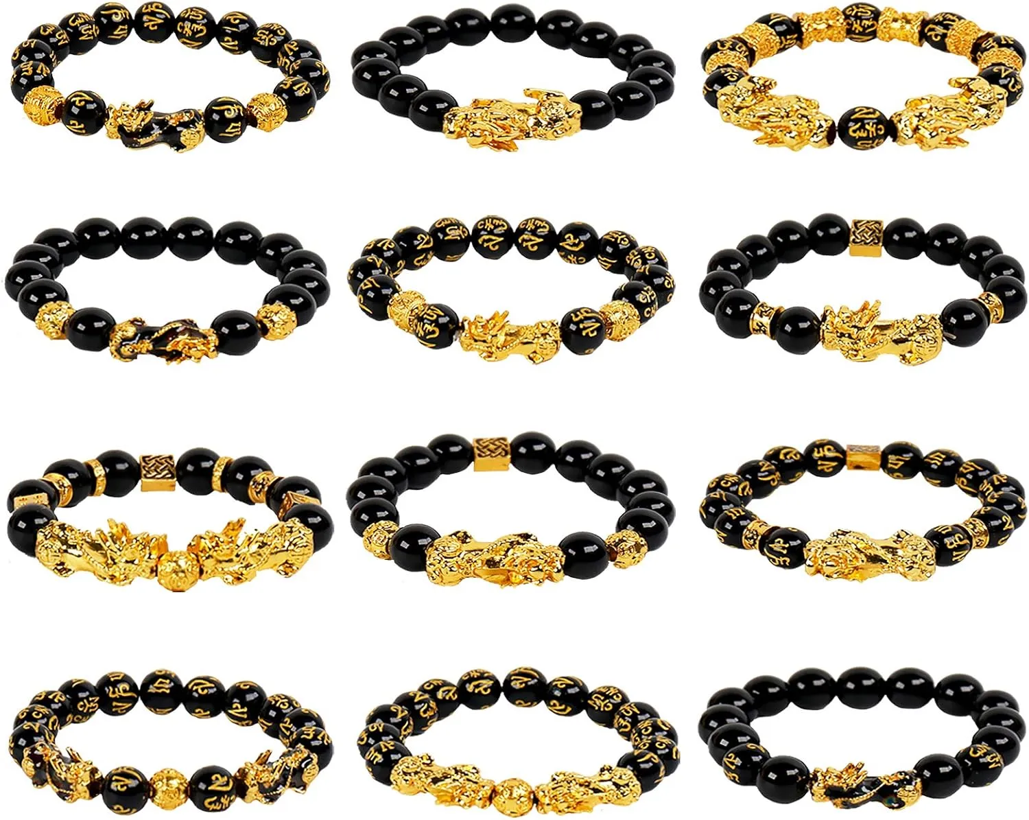 NEWITIN 12 Pieces Feng Shui Bracelets for Men Lucky Bracelet Obsidian Wealth Amulet Bracelet Hand Carved Pi Xiu Bracelets for Men and Women