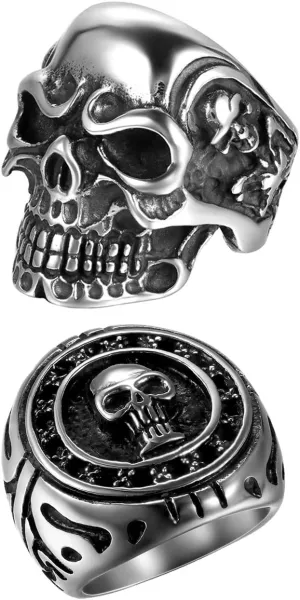 OIDEA 2Pcs Bikers Stainless Steel Gothic Skulls Ring,Black Silver, Size 8-15