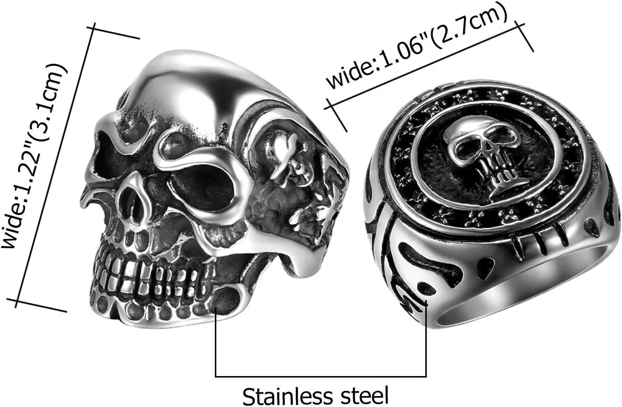 OIDEA 2Pcs Bikers Stainless Steel Gothic Skulls Ring,Black Silver, Size 8-15