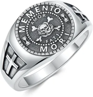 PELOVNY Memento Mori Ring 925 Sterling Silver Carpe Diem Skull Signet Rings for Men Stoic Jewelry Stoicism Gifts Unisex
