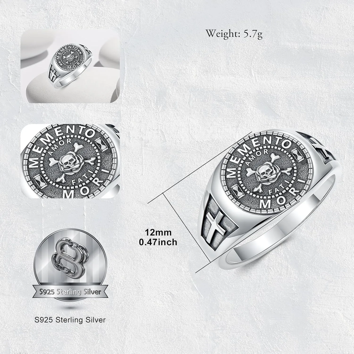 PELOVNY Memento Mori Ring 925 Sterling Silver Carpe Diem Skull Signet Rings for Men Stoic Jewelry Stoicism Gifts Unisex