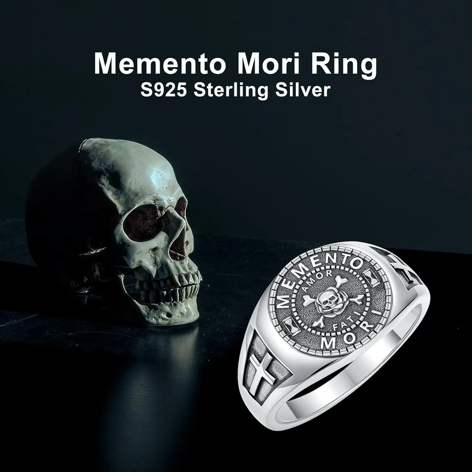 PELOVNY Memento Mori Ring 925 Sterling Silver Carpe Diem Skull Signet Rings for Men Stoic Jewelry Stoicism Gifts Unisex