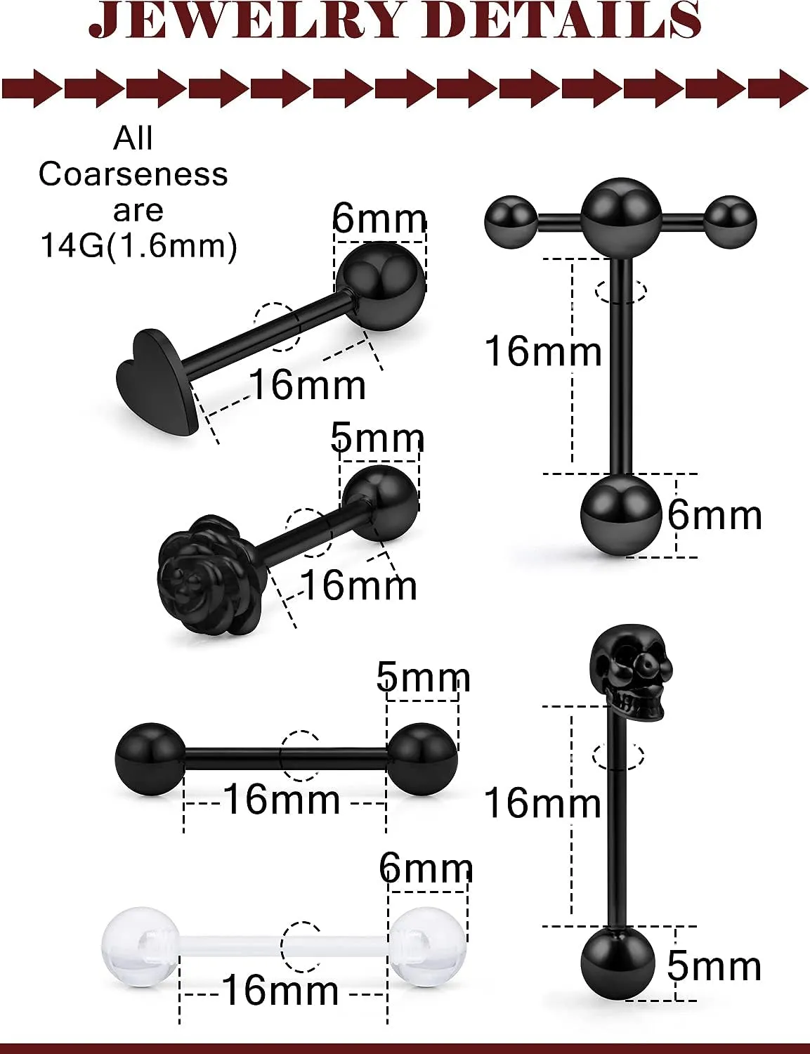 Prjndjw Jewelry, 5/8in(16mm) L, 14G Tongue Piercing Barbells Multicolor Surgical Stainless Steel Long Nipple Piercing Barbells Body Jewelry for Women