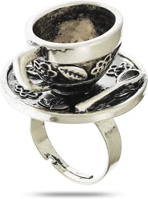 RechicGu Vintage Fairytale 3D Tea Cup Saucer Ring Party Fairy Tale Hatter Wonderland Cosplay Fancy Dress
