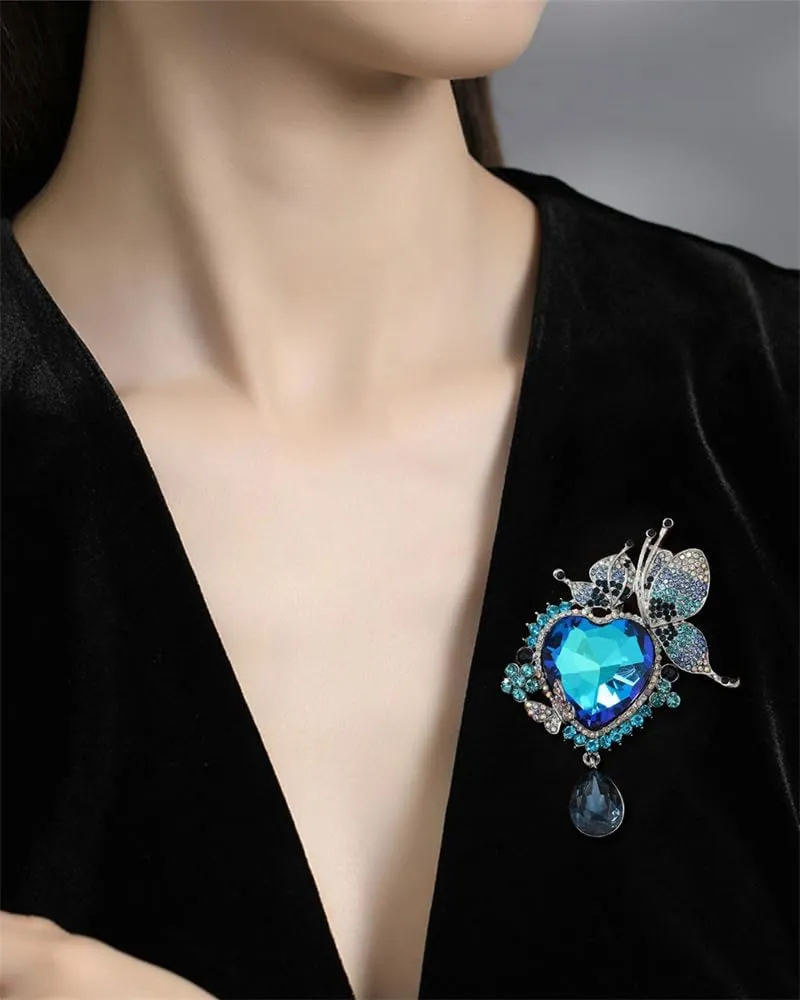 Rhinestone Love Heart Teardrop Brooch Pin for Women Bridal Elegant Austrian Crystal Butterfly Fairy Broach Corsage Birthday Wedding Ceremony Bouquet Costume Accessories