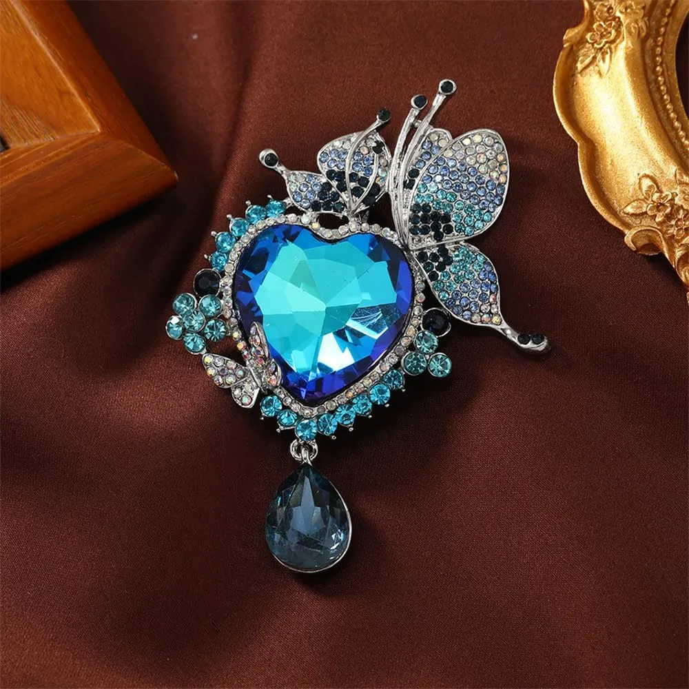 Rhinestone Love Heart Teardrop Brooch Pin for Women Bridal Elegant Austrian Crystal Butterfly Fairy Broach Corsage Birthday Wedding Ceremony Bouquet Costume Accessories