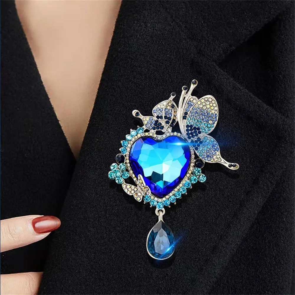 Rhinestone Love Heart Teardrop Brooch Pin for Women Bridal Elegant Austrian Crystal Butterfly Fairy Broach Corsage Birthday Wedding Ceremony Bouquet Costume Accessories