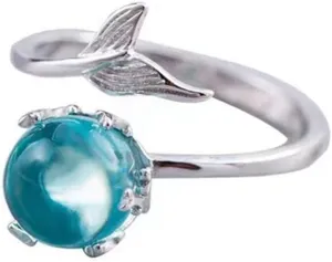 Silver Mermaid Ring Adjustable Open Ring & Blue Crystal Hypoallergenic Ring for Women Girl