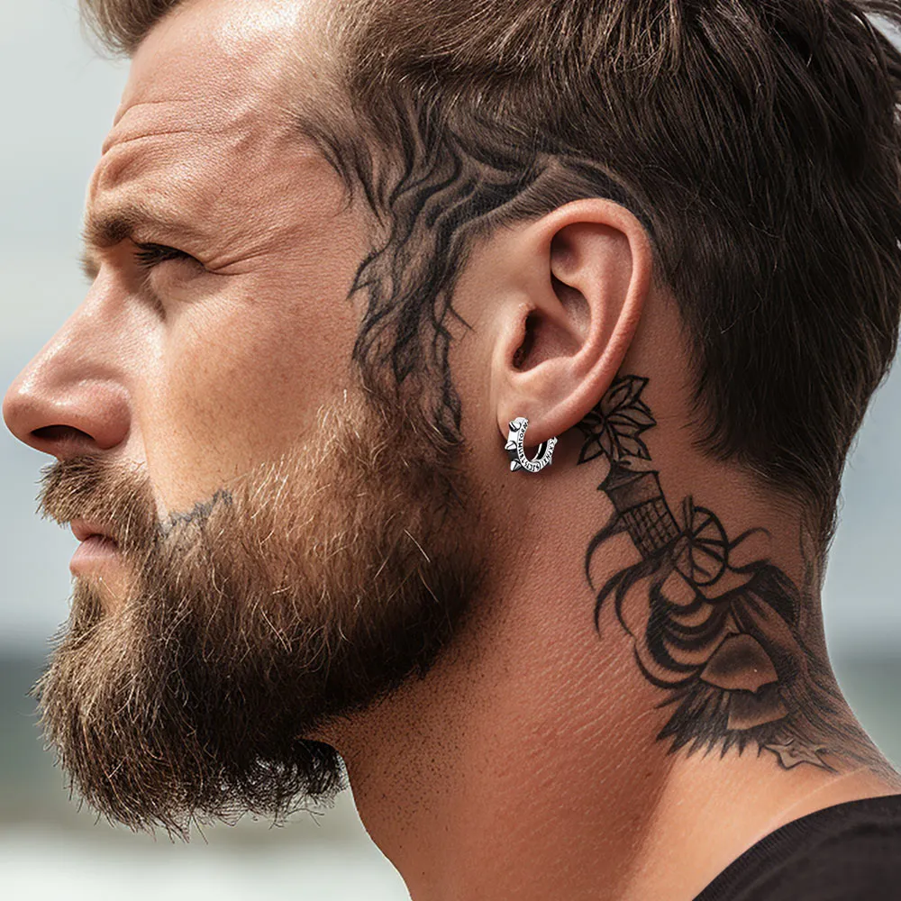 Sterling Silver Rivet Hoop Earrings with Viking Runes for Men