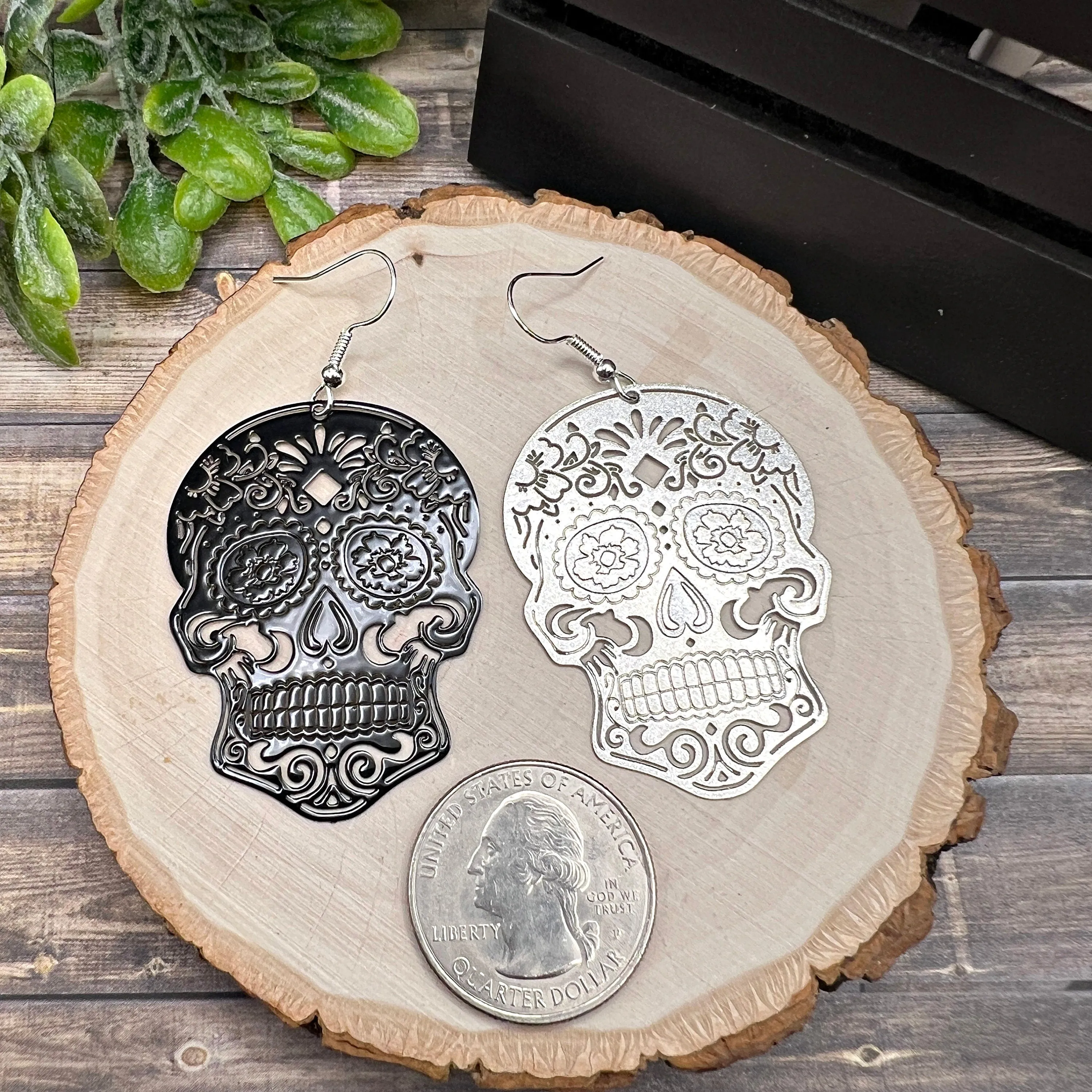 Sugar Skull Filigree Halloween Spooky Lightweight Black or Silver  Earrings, Hypoallergenic Gift