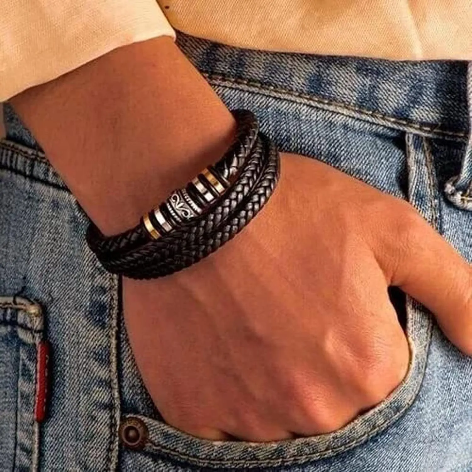 To My Grandson -I Love You Forever Bracelet, Personalized Multi-Layer Braided Leather Bracelet Stainless Steel Black Inspirational Bangle Wristband Graduation Birthday Jewelry for Grandson from Grandma