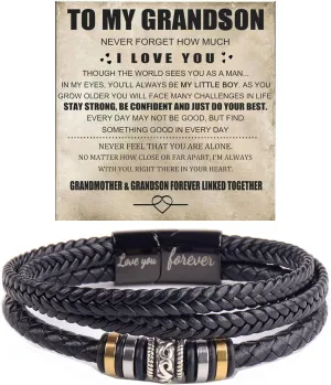 To My Grandson -I Love You Forever Bracelet, Personalized Multi-Layer Braided Leather Bracelet Stainless Steel Black Inspirational Bangle Wristband Graduation Birthday Jewelry for Grandson from Grandma