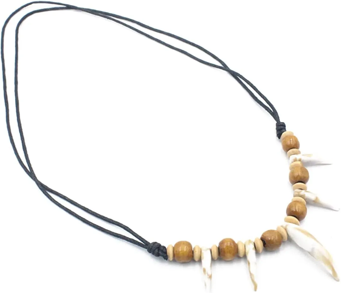 Tribal Acrylic Wolf Tooth Necklace Ethnic Style Handmade Stone Woody Beaded Resin Curly Wolf Fang Tooth Adjustable Cord Collar for Men Women Dress up Jewelry