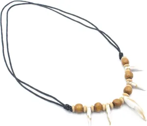 Tribal Acrylic Wolf Tooth Necklace Ethnic Style Handmade Stone Woody Beaded Resin Curly Wolf Fang Tooth Adjustable Cord Collar for Men Women Dress up Jewelry