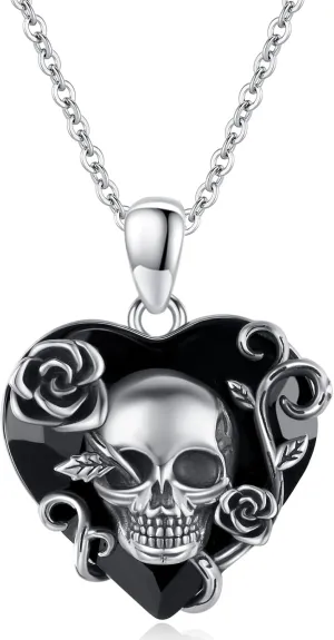 TRISHULA Skull Necklace, 925 Sterling Silver Rose Skull Pendant with Austrian Black Heart Crystal Gothic Skull Horror Jewelry Gift for Women Halloween Mother's Day