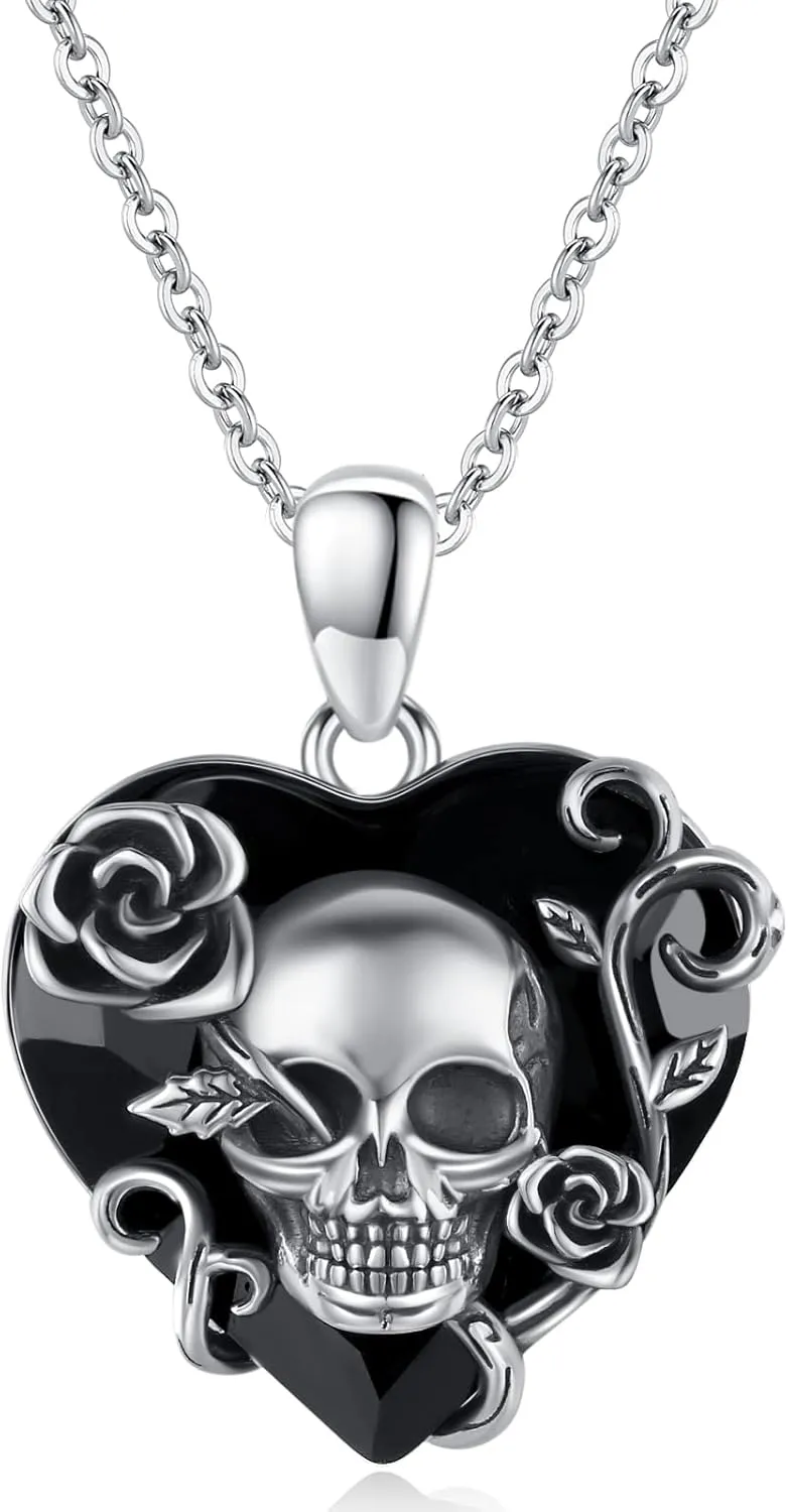 TRISHULA Skull Necklace, 925 Sterling Silver Rose Skull Pendant with Austrian Black Heart Crystal Gothic Skull Horror Jewelry Gift for Women Halloween Mother's Day