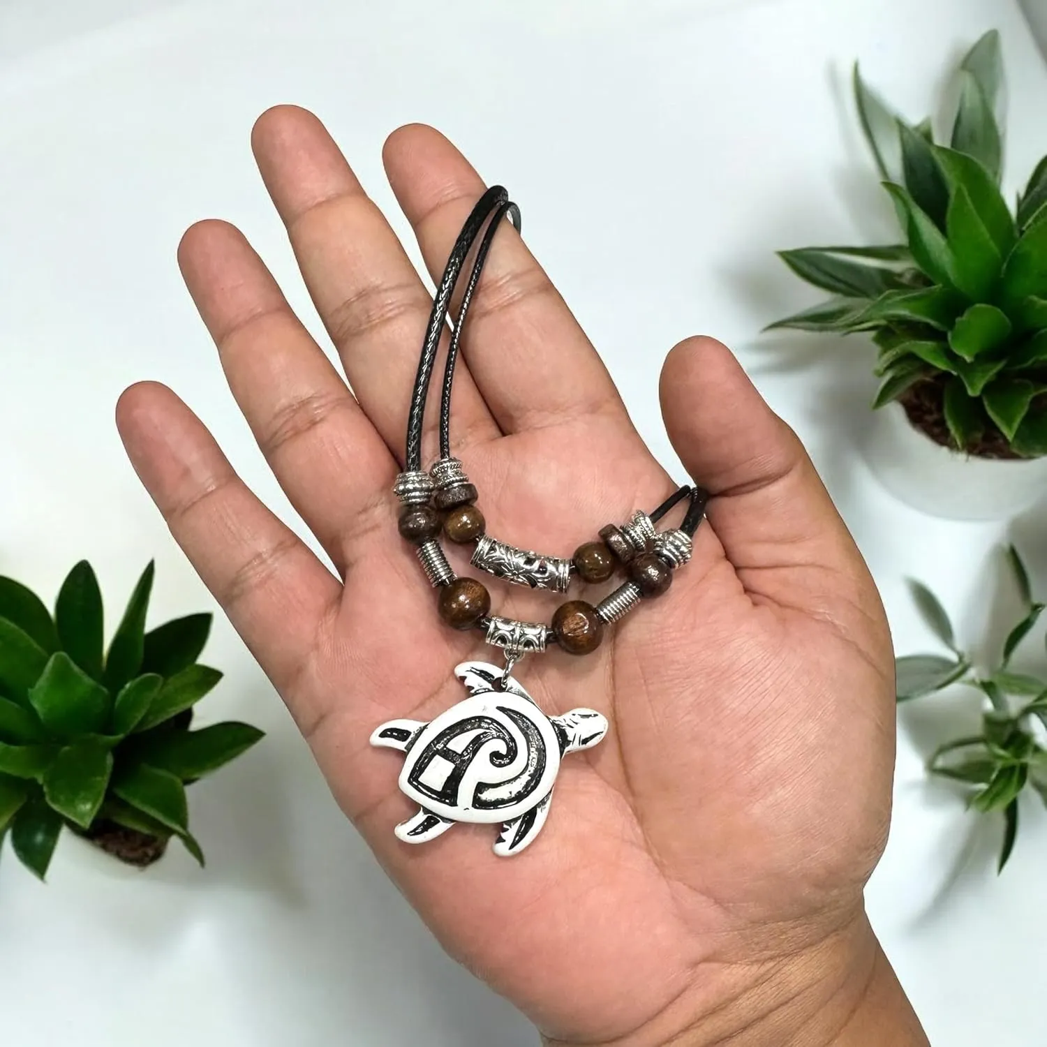 Turtle Tribal Pendant Necklace - Hawaiian Turtle Double Layer Necklace - Wood Beaded Necklace for Men Women- Adjustable
