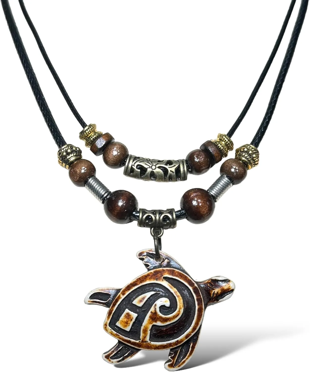 Turtle Tribal Pendant Necklace - Hawaiian Turtle Double Layer Necklace - Wood Beaded Necklace for Men Women- Adjustable